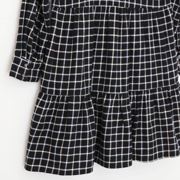 Madewell Flannel Button-Placket Tiered Mini Dress Windowpane Plaid Black S $118 - Picture 11 of 16